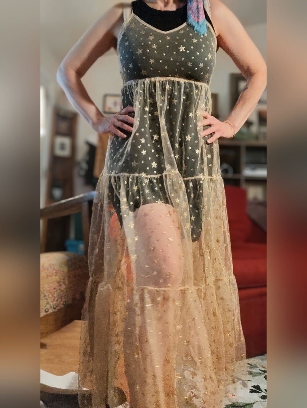 Sheer Overlay Maxi Dress Gold Accented With Glittery Stars NWOT